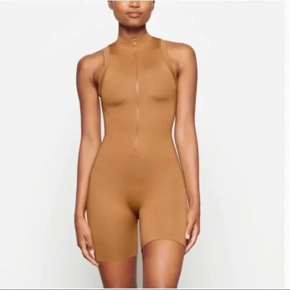 Skims Swim Mock Neck Zip up Cycle Suit Almond Wetsuit Resortwear Kim Kardashian